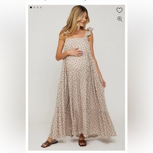 Taupe Floral Shoulder Tie Maternity Maxi Dress worn 1 time and hand washed